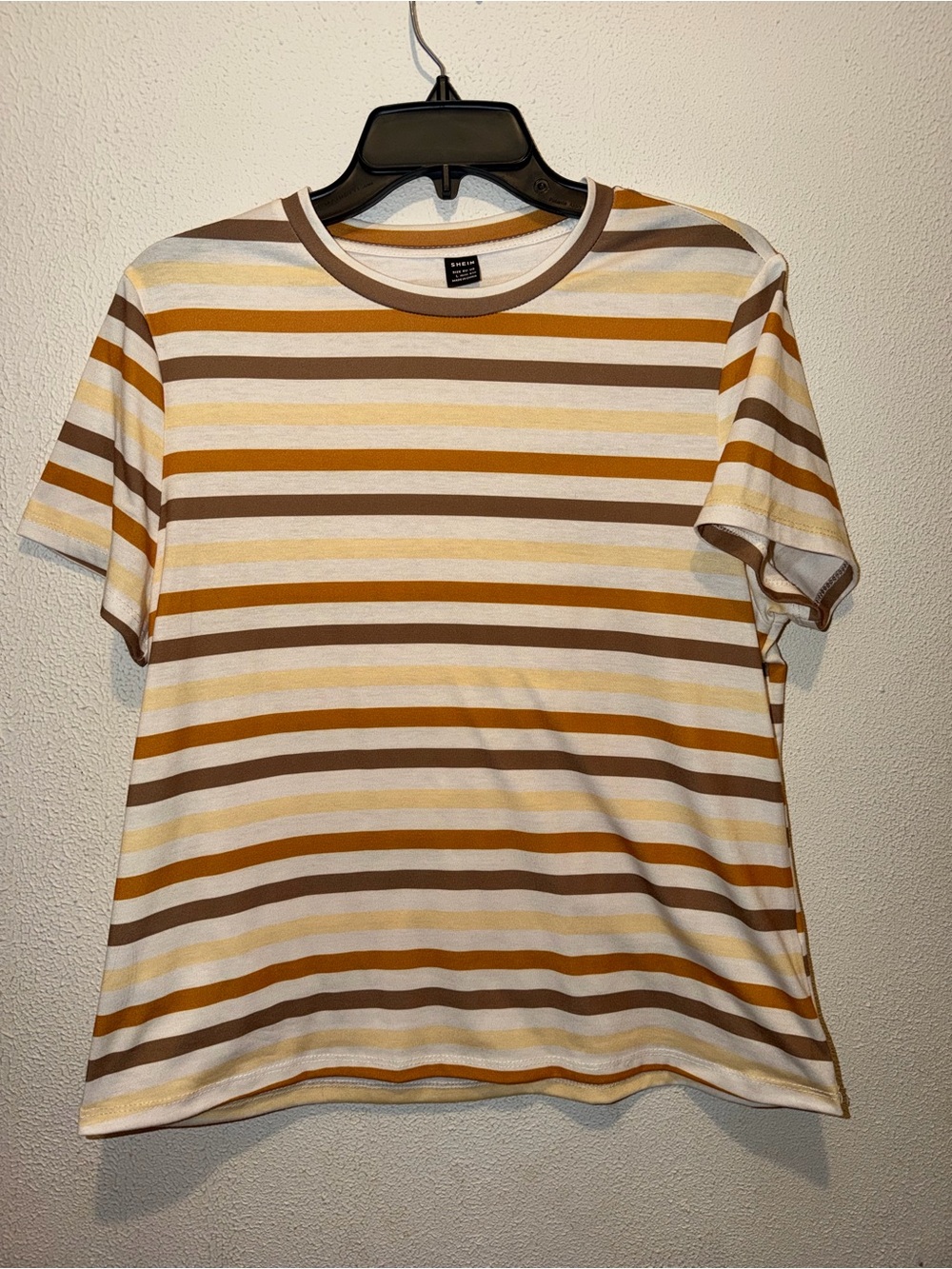 SHEIN White, Brown & Mustard Striped Short Sleeve Tee